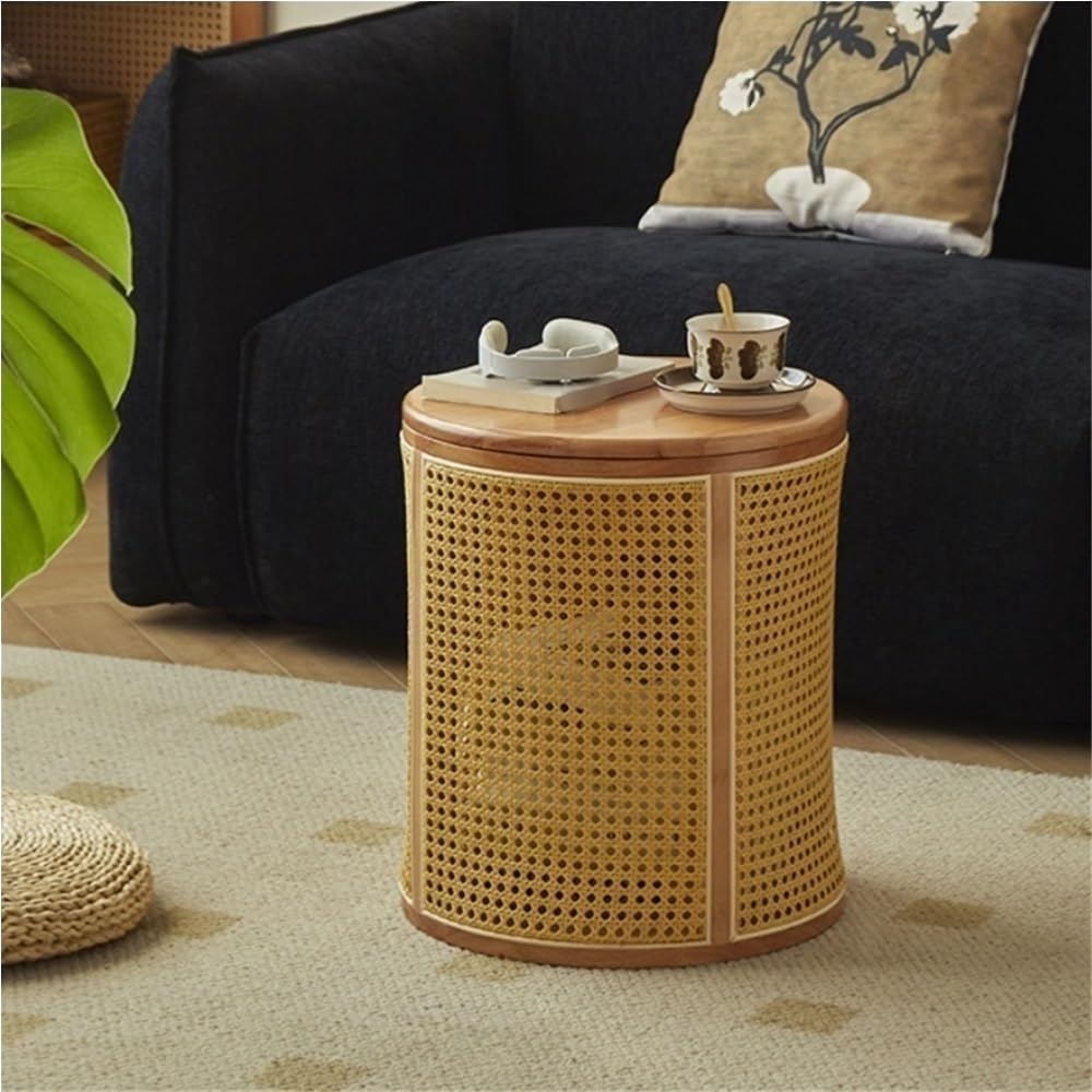 Simple Wood Side Table Handmade Round Storage Small Imitation Woven Rattan Sofa End Table Coffee Table Bedside Table for Room All Occasion(Coffee)