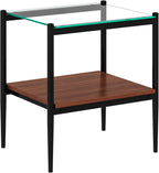 Modern Rectangle End Table Set of 2, Tempered Glass Tabletop with MDF Shelf, 19.1 Inch Side Table Pair for Living Room Bedroom, Easy Assembly Iron Leg Tables,Style 1
