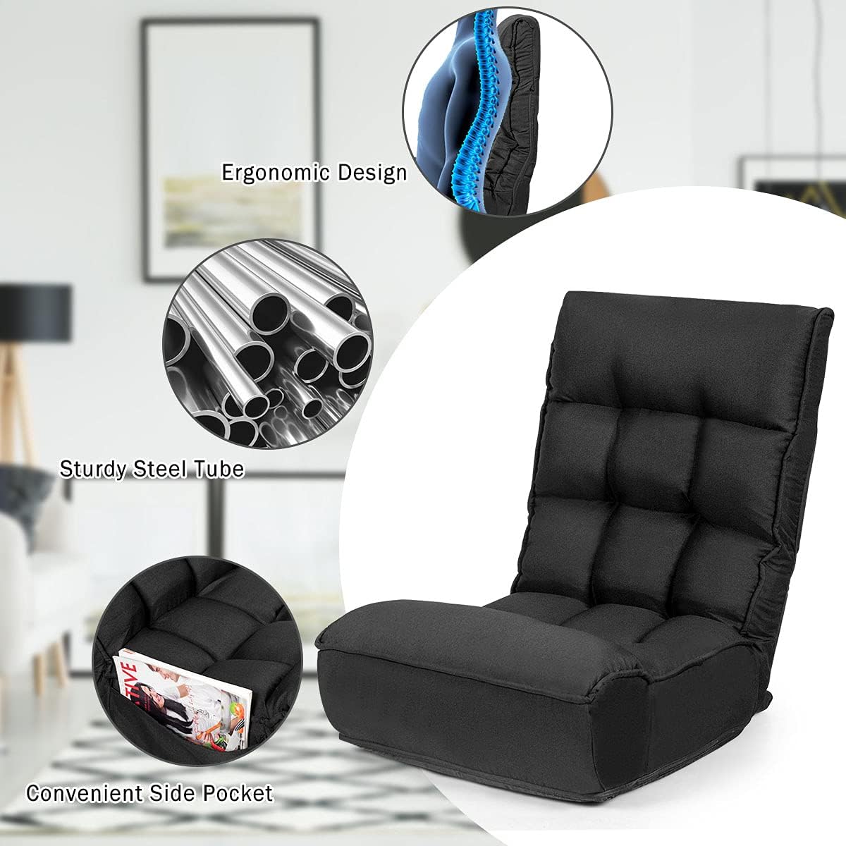 DORTALA Foldable Floor Chair for Adults, Memory Foam Gaming Chair w/ 5-Position Adjustable Head and Back Support, Indoor Seat for Bedroom, Living Room, Gaming Room, Black