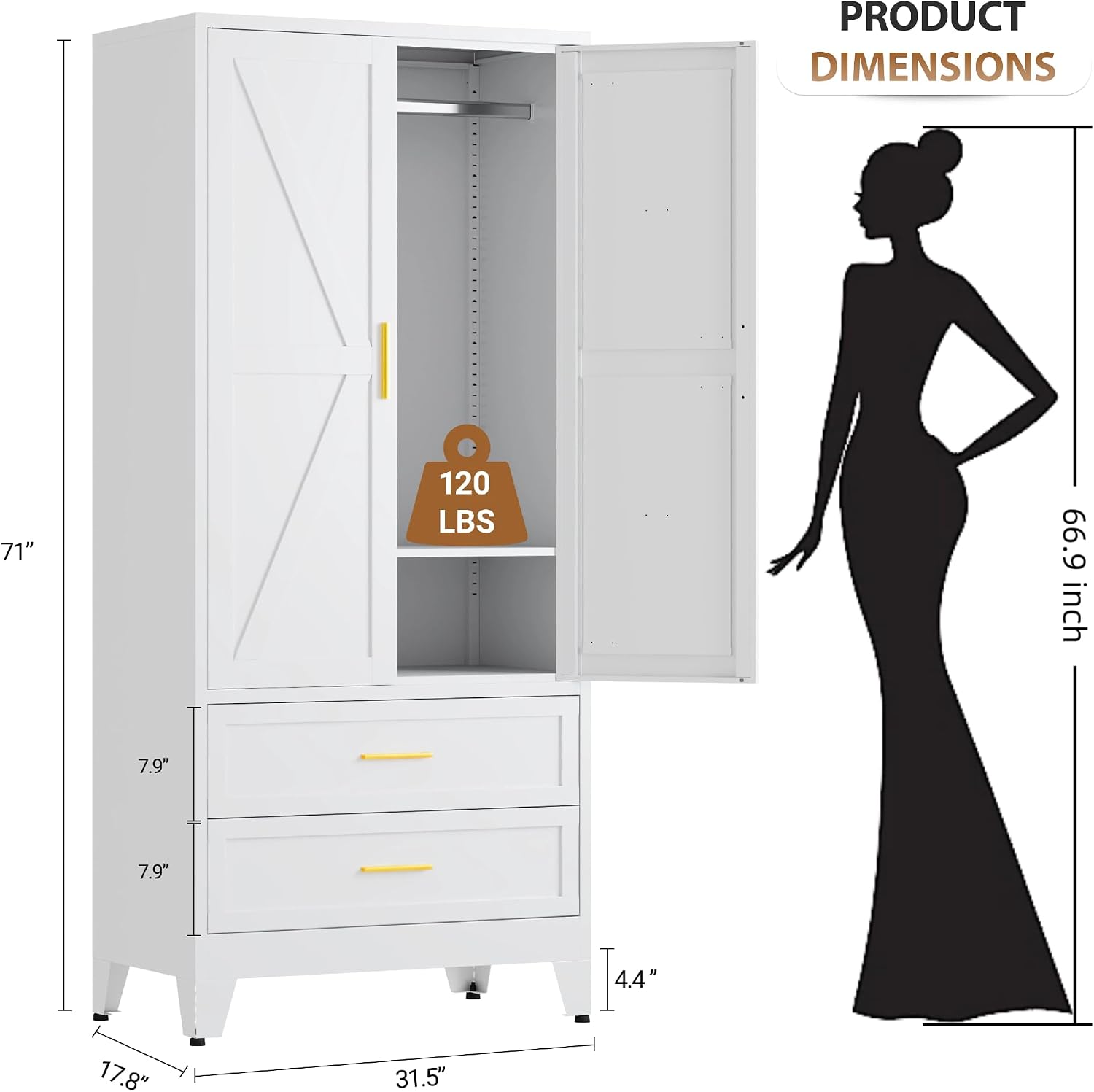 71 "H Armoire Wardrobe Closet with 2 Drawers and Adjustable Shelves | Metal Wardrobe Closet with Doors, Wardrobe Cabinet with Hanging Rod, Closets for Bedroom, Laundry Room, White