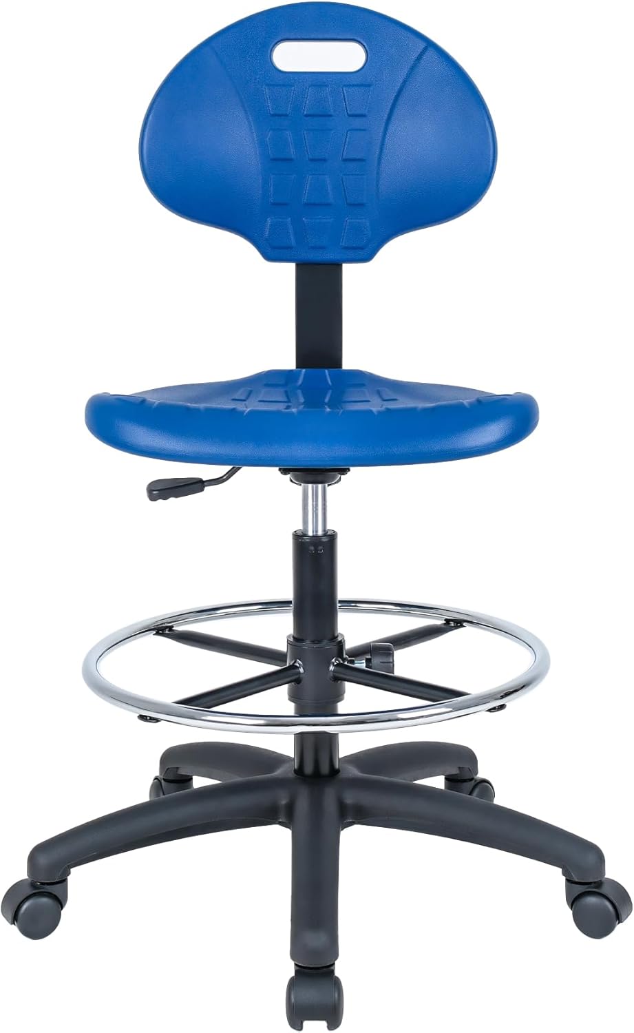 Chair Master-Blue Deluxe Ergonomic Polyurethane Chair. 10" of Height Adjustment (23"-33" Seat Ht). 18" Adjustable Footring 450 lb Capacity. Easy to Clean. for Automotive, Lab, Cleanroom (Blue)