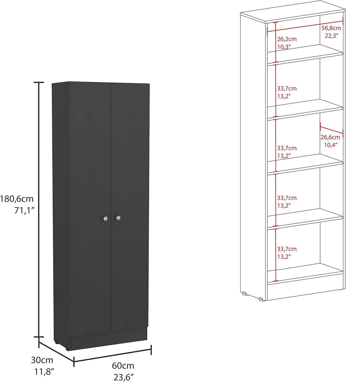 Modern Kitchen Pantry, Black Storage Cabinet with 5 Shelves & Double Door, Easy to Maintain, for Dining Room