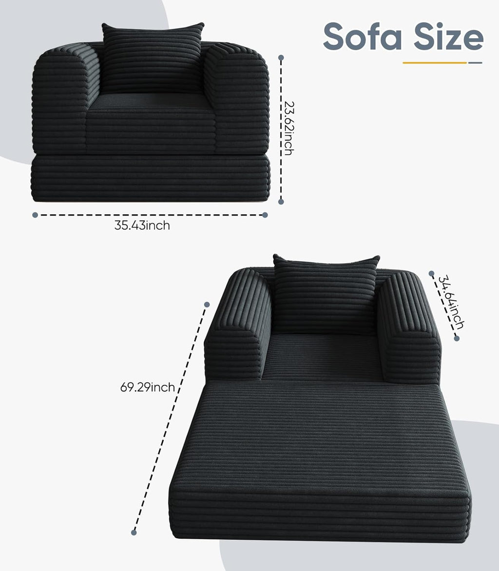 Versatile Boneless Accent Chair Couch Convertible Sleeper Chair Chaise Lounge Chair Indoor BeanBag for Adult Kids, Oversized Comfy Futon Floor Folding Sofa Bed Portable for Living Room Bedroom, Black