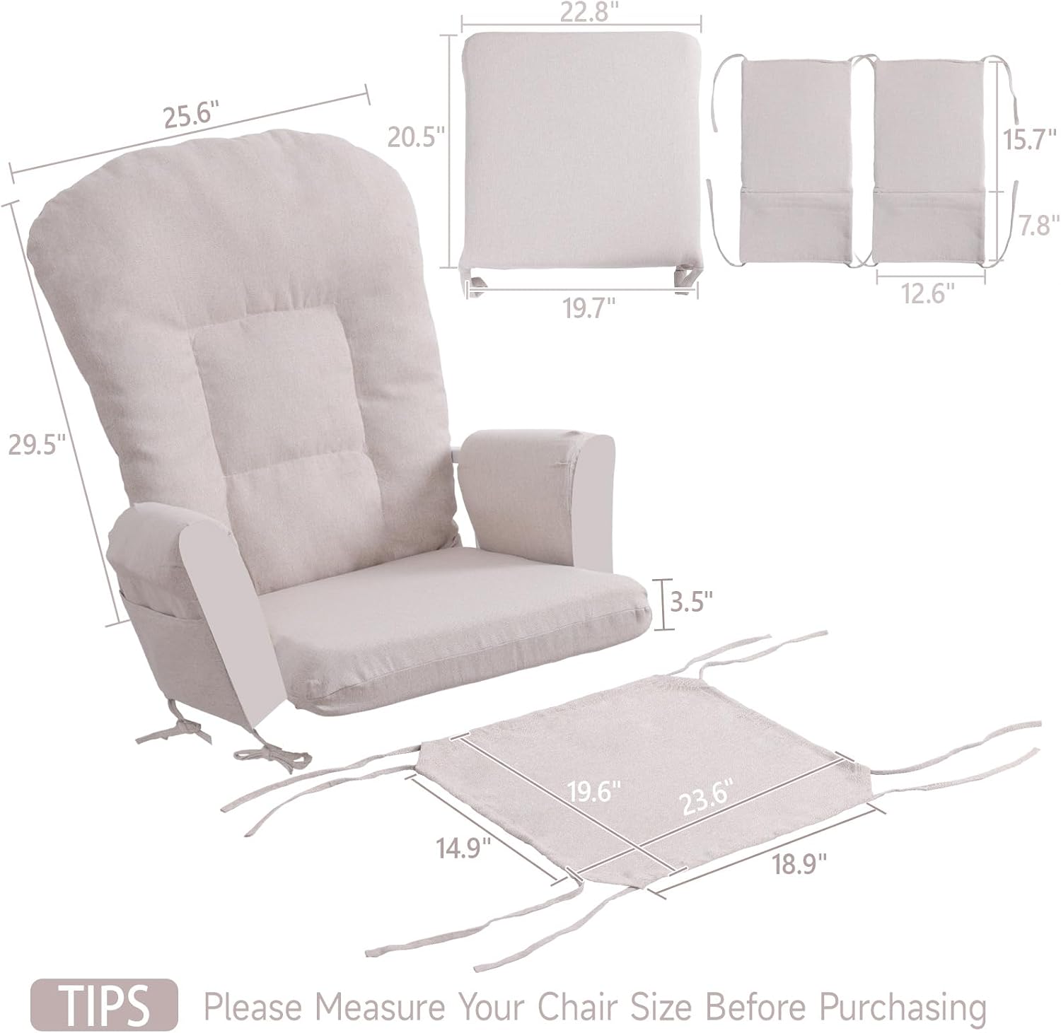 Boshen 5PCS Glider Rocker Replacement Cushions with Ottoman Cover, 3.5" Thick High Back Rocking Chair Cushion Set with Side Pockets for Indoor Nursery Glider Chair, Washable and Non Slip, Beige