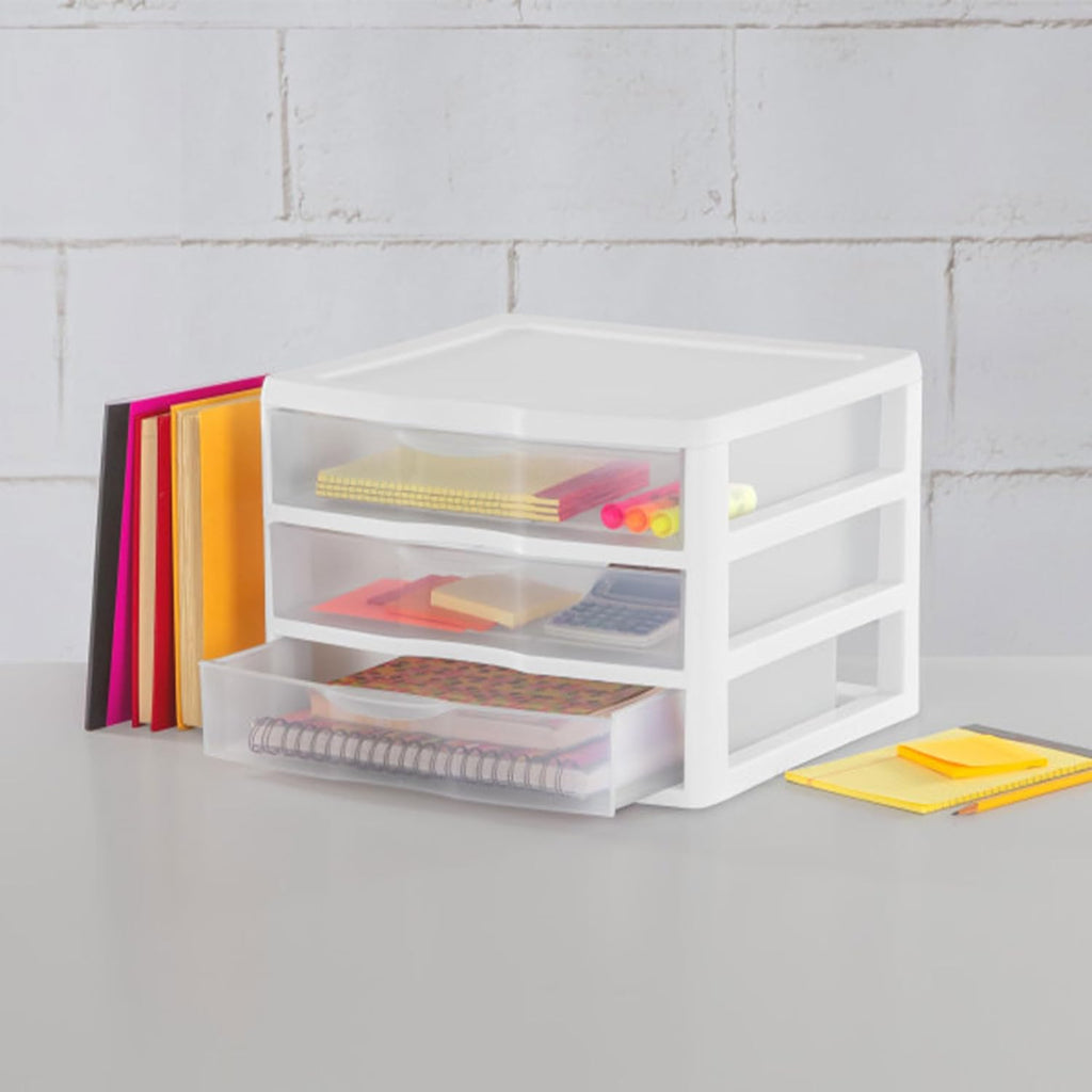 Sterilite 3-Pack Wide 3 Drawer Unit, Plastic Desktop Organizer with Clear Drawers, White Frame - Stackable Multi-Purpose Storage for Office Supplies, Craft Rooms, Classrooms and Home Organization