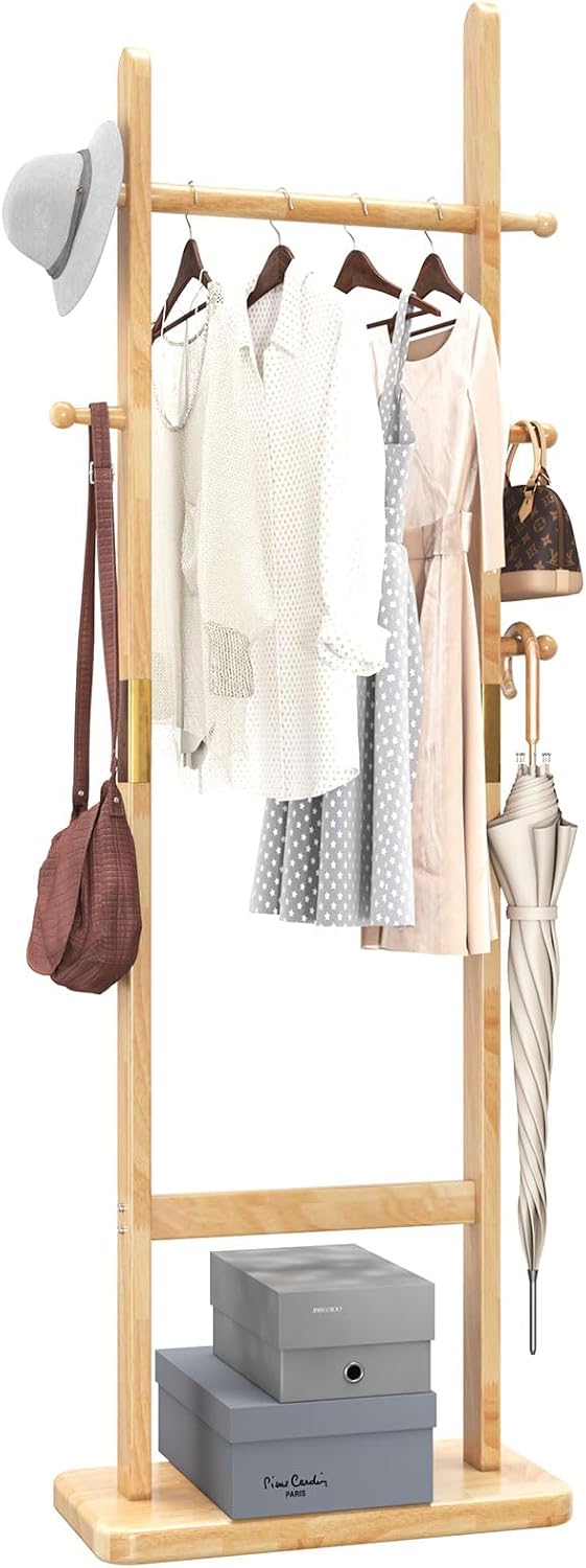 Aibiju Coat Rack Freestanding, Coat Tree with 2 Main Rods and Stable Design, Clothes Racks for Hanging Coats Clothes Suits Jacket, Easy to Assemble and Very Sturdy, Natural Wood Color USYD-202
