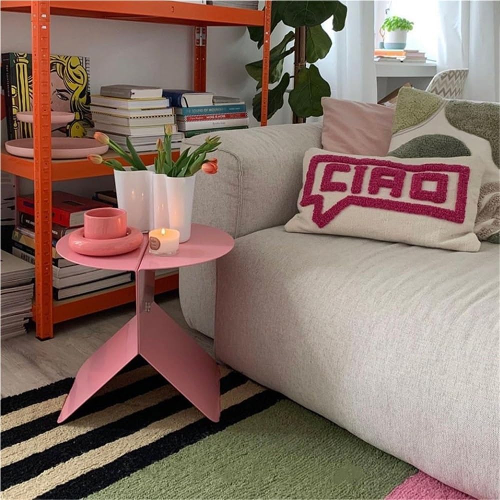 Modern Pink Side Table, Round Stylish End Table, Magazine Rack for Living Room, Multifunctional Accent Table for Bedroom, Metal Couch Table
