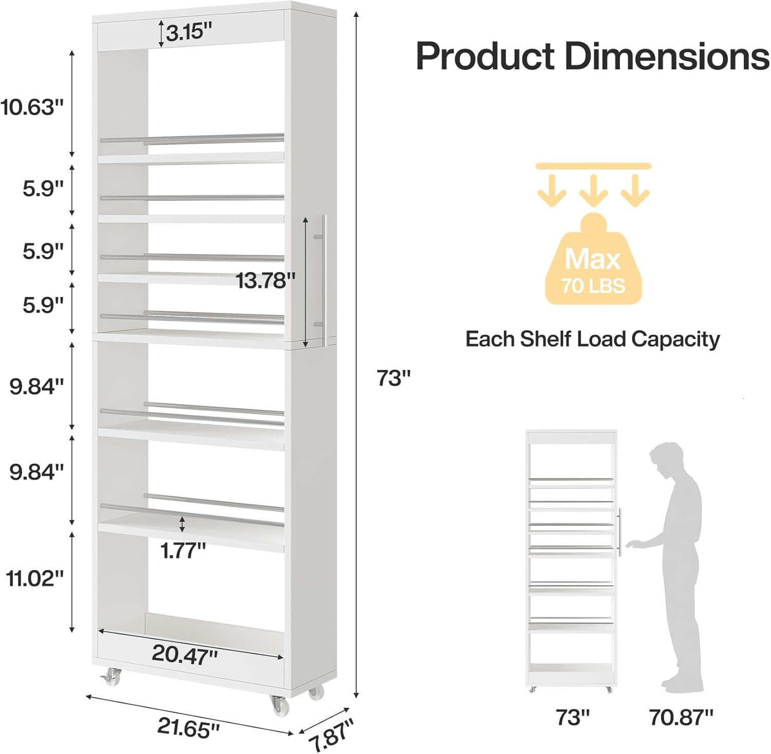 Tribesigns 73" Tall Slim Storage Cart on Wheels, 7-Tier Narrow Pantry Cabinet, Rolling Skinny Spice Rack Organizer Next to Fridge, Wooden Pull-Out Storage Shelf for Kitchen Small Spaces, White