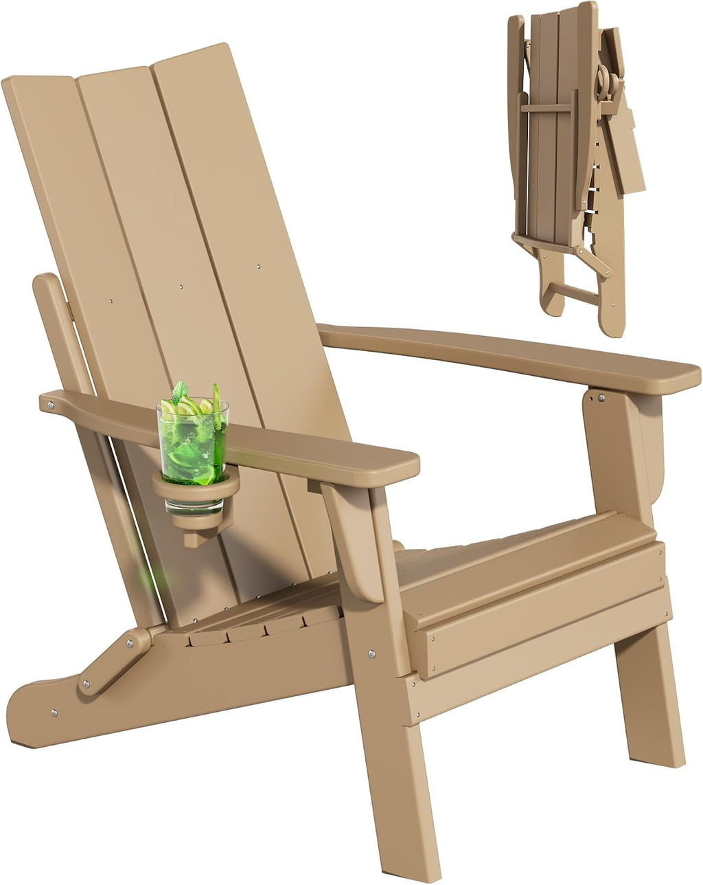 Folding Adirondack Chairs, All-Weather Resistant HDPE Patio Firepit Chairs, Sturdy Outside Chairs with Cup Holder, Pre-Installed Lawn Chairs Load Capacity 385lb, Weathered Wood