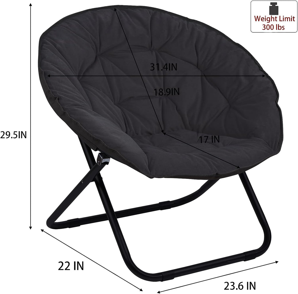 Grezone Folding Faux Fur Saucer Chair,Portable Folding Soft Moon Chair for Bedroom, Dorm Rooms, Apartments, Lounging, Garden and Courtyard, Black
