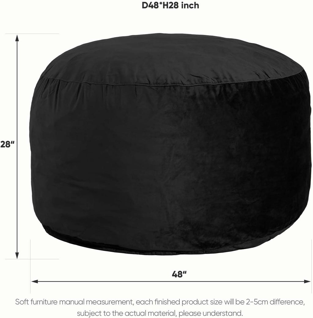 Bean Bag Chair 4Ft, Memory Foam Filled, Removable Velvet Cover, Giant Bean Bag Chairs for Adults and Teens, Round Sofa Chair for Dorm Room, Bedroom and Gaming Room, Black
