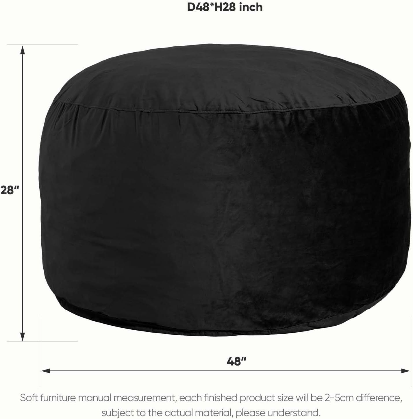 Bean Bag Chair 4Ft, Memory Foam Filled, Removable Velvet Cover, Giant Bean Bag Chairs for Adults and Teens, Round Sofa Chair for Dorm Room, Bedroom and Gaming Room, Black