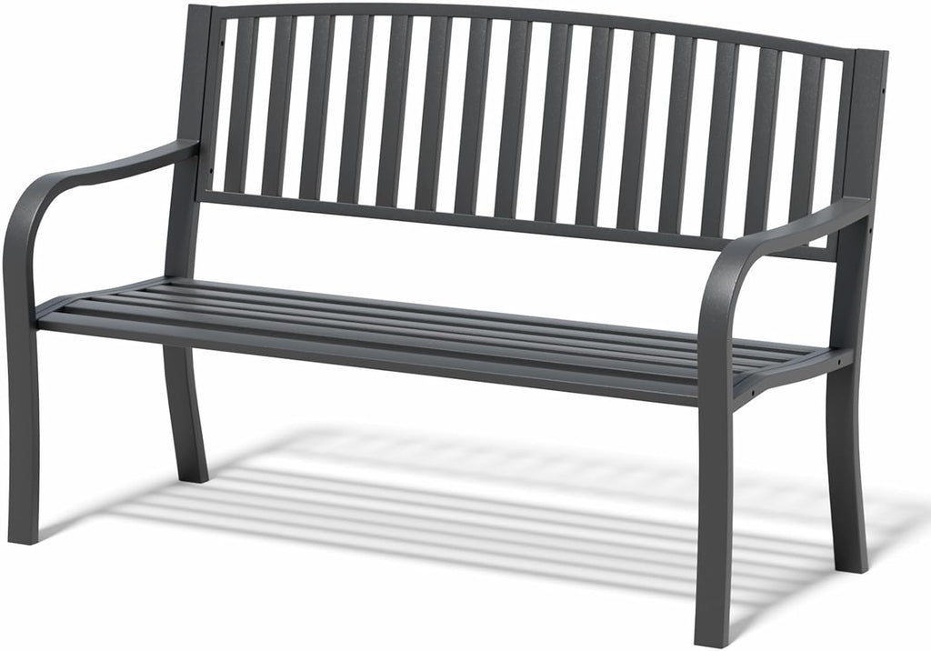 YLGJ&TIDY 50 Inches Garden Benches for Outdoor Patio Bench with Stripe Pattern Backrest Armrest Weatherproof Park Benches Metal Bench for Garden Park Porch Lawn Yard (Vertical Line)
