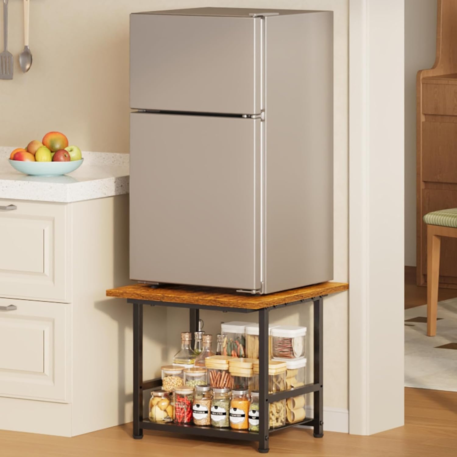 Mini Fridge Stand with Storage, End Table with 2-Tire Storage Shelf,Small Refrigerator Stand-Max Load 300 LBS Heavy Microwave Printer Stand Utility Cart for Dorm, Apartment, Kitchen, Office (Brown)