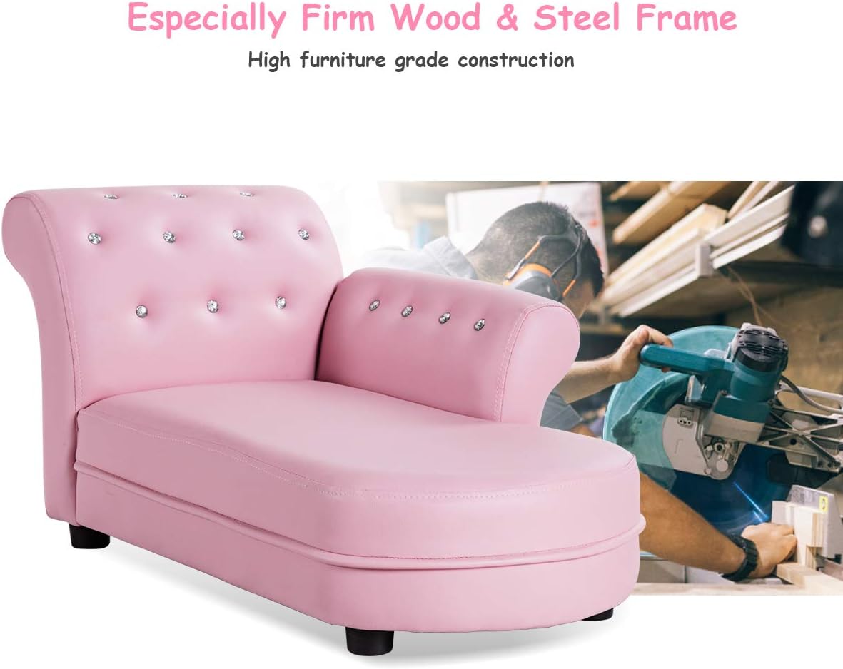 GLACER Kids Sofa, Pink Toddler Couch Princess Sofa with PVC Leather and Embedded Crystal, Upholstered Children Chaise Lounge, Baby Sofa Chair Children Armchair for Girls
