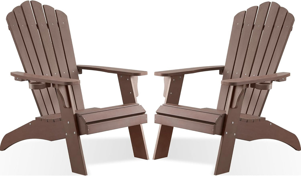 Psilvam Adirondack Chair, Oversized Poly Lumber Fire Pit Chair with Cup Holder, 350Lbs Support Patio Chairs for Garden, Weather Resistant Adirondack Chair Looks Like Real Wood (2, Brown)