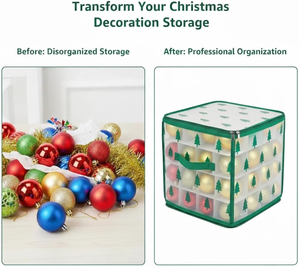 Christmas Ornament Storage Box, Christmas Tree Ornament Organizer, Hard Plastic Storage Container with Dividers, Clear Design Waterproof Case for 3" Seasons Balls