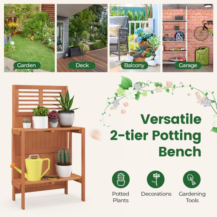 Foldable Wood Potting Bench 2-Tier Storage Shelves Teak Oil Finish Garden Balcony Yard Deck