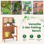 Foldable Wood Potting Bench 2-Tier Storage Shelves Teak Oil Finish Garden Balcony Yard Deck