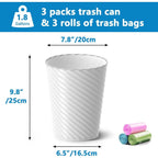 Bathroom Trash Can, 3 Pack 1.8 Gallons Small Trash Can with Trash Bags, Bathroom Garbage Can, Plastic Trash Bin, Round Waste Basket for Living Room, Bedroom, Office, Kitchen, Compact Space (White)