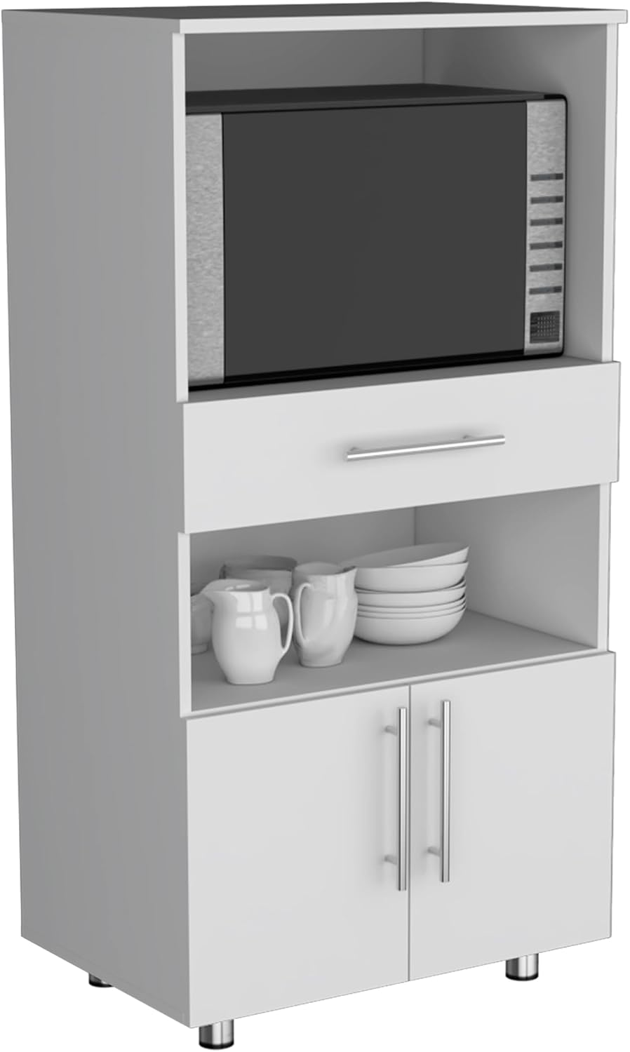 Classic White Kitchen Pantry with Open Shelves, Microwave Shelf, & Storage Doors - 48" H, Pine Wood