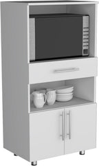 Classic White Kitchen Pantry with Open Shelves, Microwave Shelf, & Storage Doors - 48" H, Pine Wood