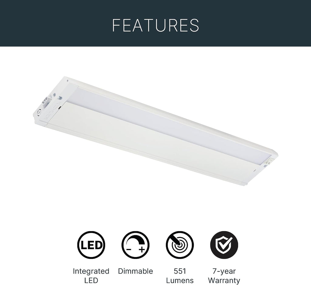 Kichler 4U Series 22" 120V LED Under Cabinet Light in White, 3000K, (22" L x 4.5" W x 1"H), 4U30K22WHT