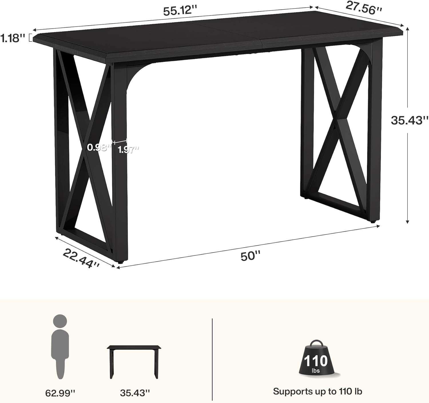 Tribesigns 55-Inch Bar Table, Industrial Counter Height Table with Sturdy Metal X-Frame Legs, Rectangular High Top Pub Table for Small Spaces, Dining Room, Kitchen, Home Bar (Black)
