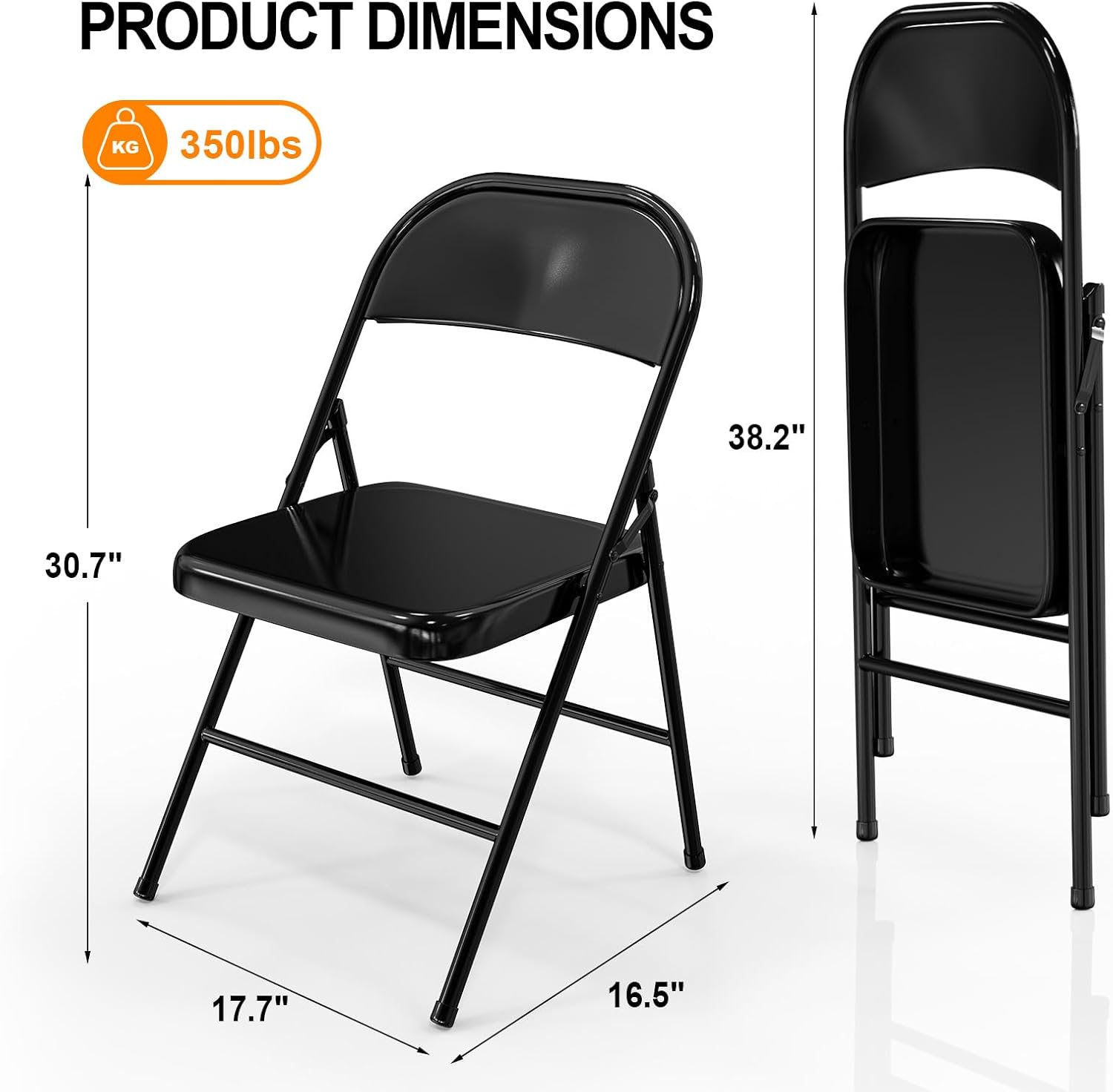 VINGLI Folding Chairs All Steel Metal Frame, Capacity 350 lbs, Durable Portable and Versatile for Indoor Outdoor Use, Black, Set of 4