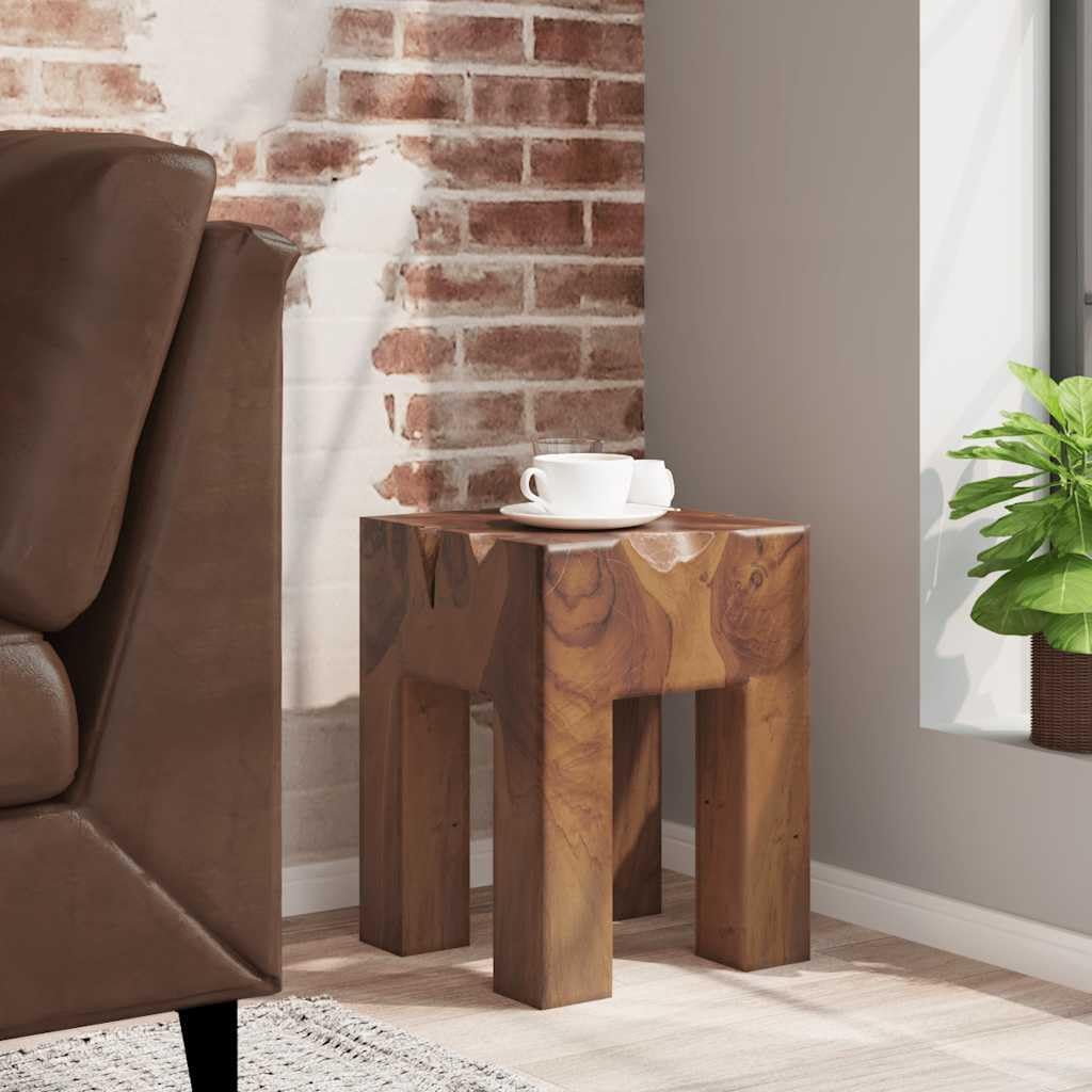 Solid Teak Wood Stool, Square Rustic End Table for Living Room Bedroom, Sturdy Compact Footrest Seat, 15.7 inch Height, Brown