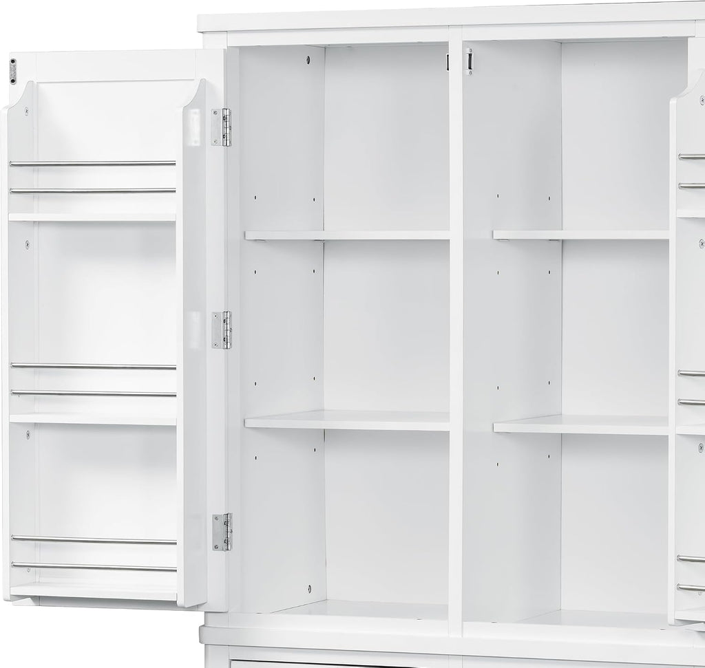 74.8" H Farmhouse Kitchen Pantry Cabinet with Pull-Out Trays, 53" L x 20" W Large Cupboard Storage Cabinet with 3 Drawers and Adjustable Shelves for Dining Room, Kitchen, White
