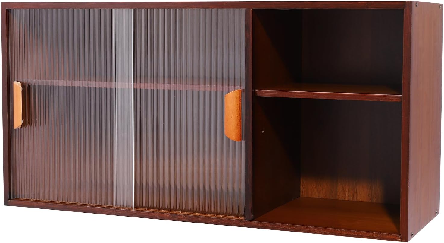 Kitchen Pantry Cabinet, Wall Mount or Countertop Sideboard with Glass Doors, 2 Tiers Rectangular Cupboard Food Pantry Cabinet for Kitchen, Dining Room, or Living Room (Walnut)
