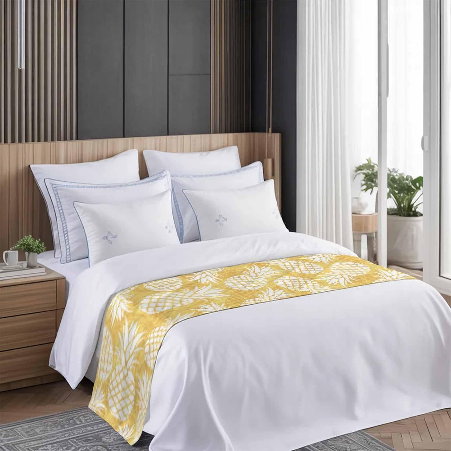 Yellow Pineapple Bed Runner Scarf King Size, Tropical Summer Botanical Fruits Luxury Bed Throw Runners & Scarves for Twin Full Queen King Foot of Beds, Bedroom Hotel Wedding Room Decoration, 94"x20"