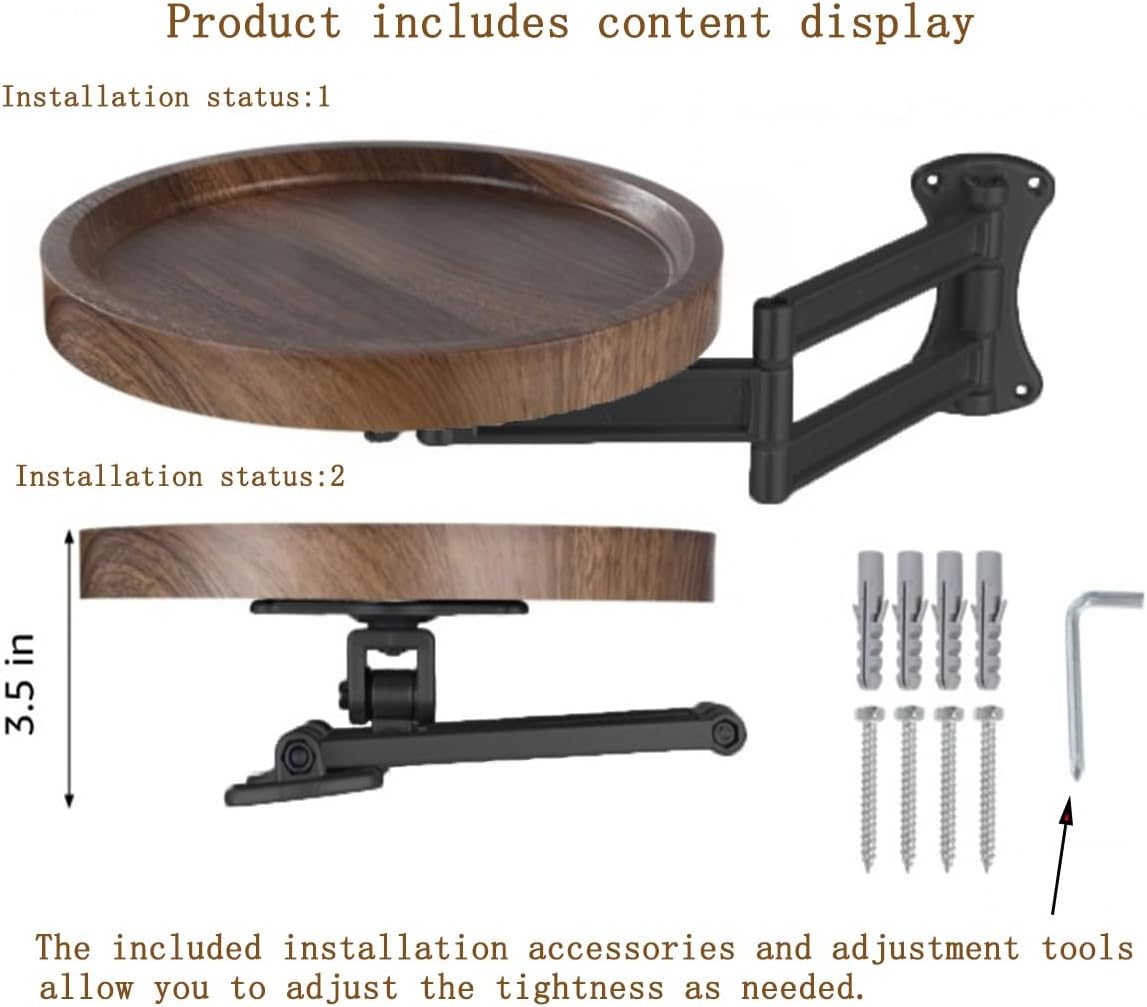 Retractable Wall Mount Folding Table, Adjustable Wall Mounted Coffee Table, Balcony Coffee Table, 13.78 Inch Round Wooden Tabletop, Acacia Brown, Adjustable Angle, Space-Saving Design (black, large)