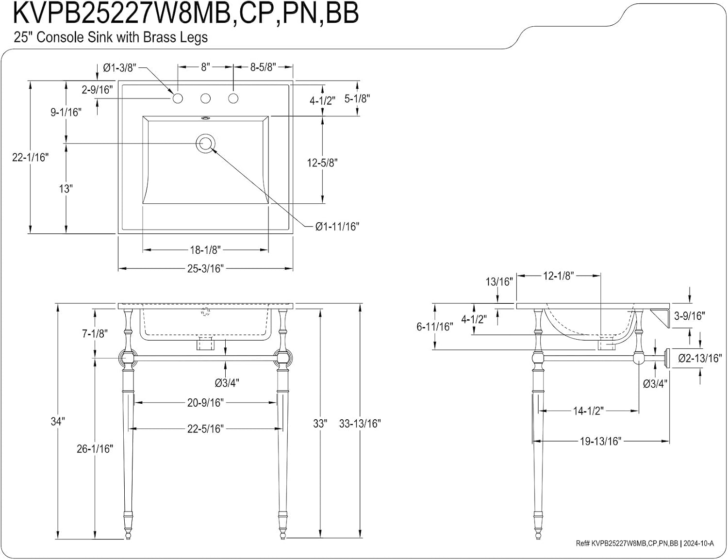 Kingston Brass KVPB25227W8PN Edwardian 25-Inch Console Sink with Brass Legs (8-Inch, 3 Hole), White/Polished Nickel