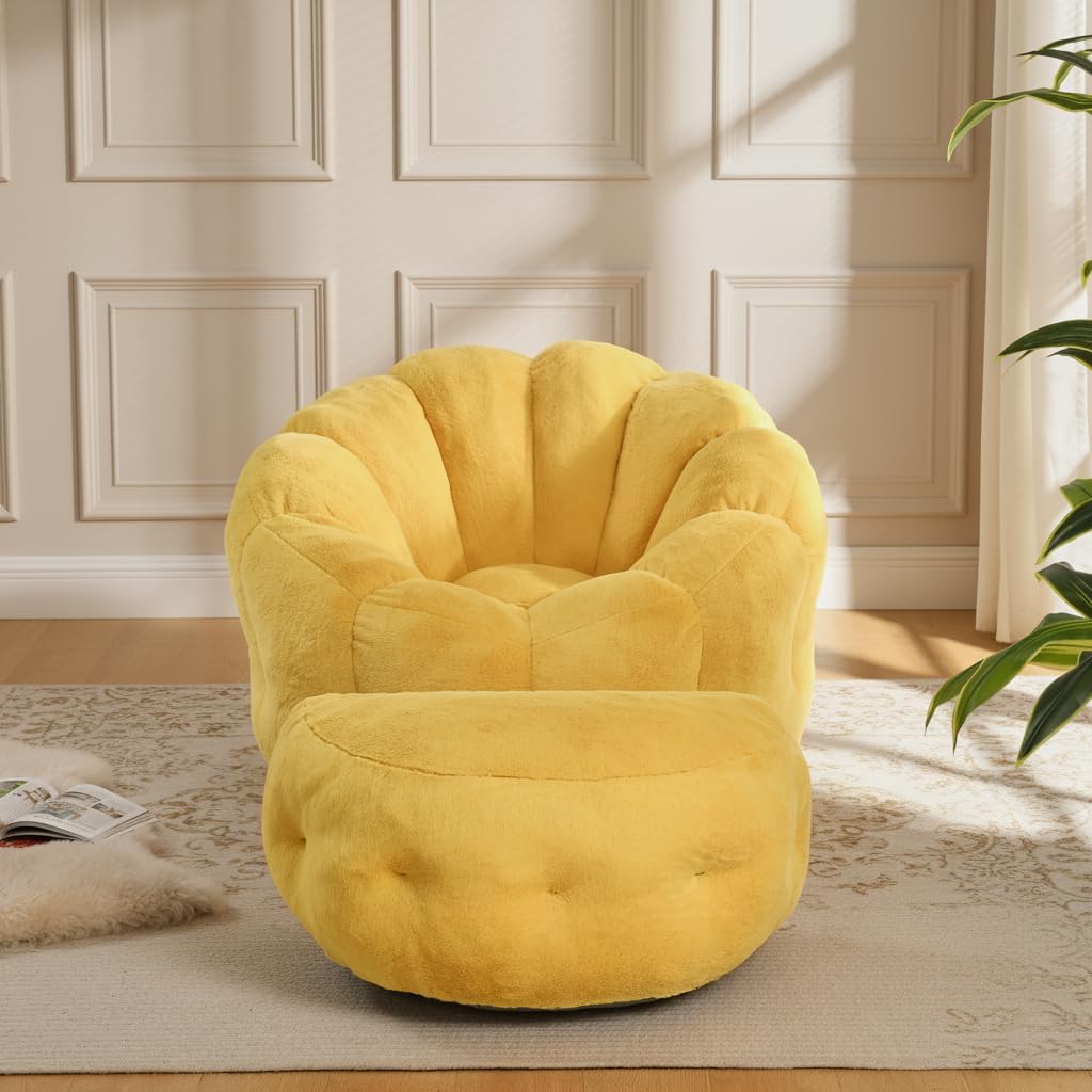 Flower Bean Bag Chair with Ottoman, Comfy Fuax Fur Beanbag for Adults & Teens, Fluffy Plush Floor Lazy Sofa for Bedroom, Living Room, Reading Nook, Yellow