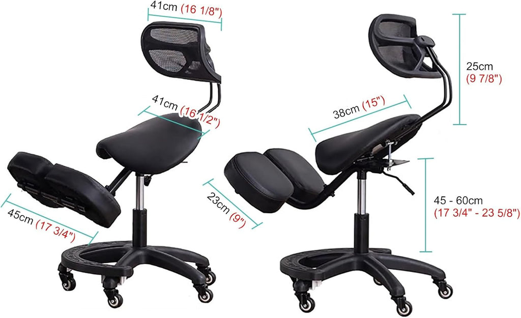 TUJOBA Modern Ergonomic Saddle Seat Kneeling Chair with Backrest, 360 Degrees Swivel Mobile Angled Posture Stool for Office, Black Leather