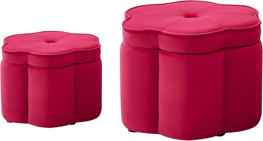 Set of 2 Ottoman with Storage,Flower Shape Petal Upholstered Storage Bench Large Ottoman for Living Room Bedroom Entryway (Rose Pink+ Velvet)