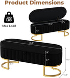 Storage Ottoman Bench, 45" Velvet End of Bed Bench Bedroom Bench with Golden Metal Legs, Upholstered Storage Bench for Bedroom Living Room Entryway and Window, Black