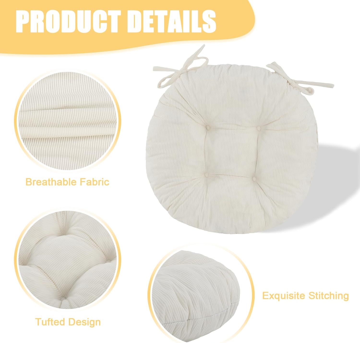 idee-home Round Chair Cushions Set of 2, Round Stool Seat Cushion 16 inch, Circle Chair Pads Corduroy with Ties Indoor Barstool Pads for Kitchen, Beige