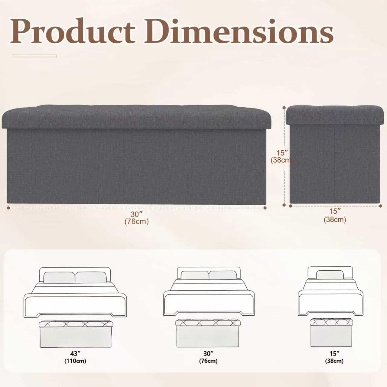30 inch Storage Ottoman Bench, 30 inch Folding Storage Bench Ottoman, for Bedroom, Living Room, and Utility Room, Grey (30'' W)