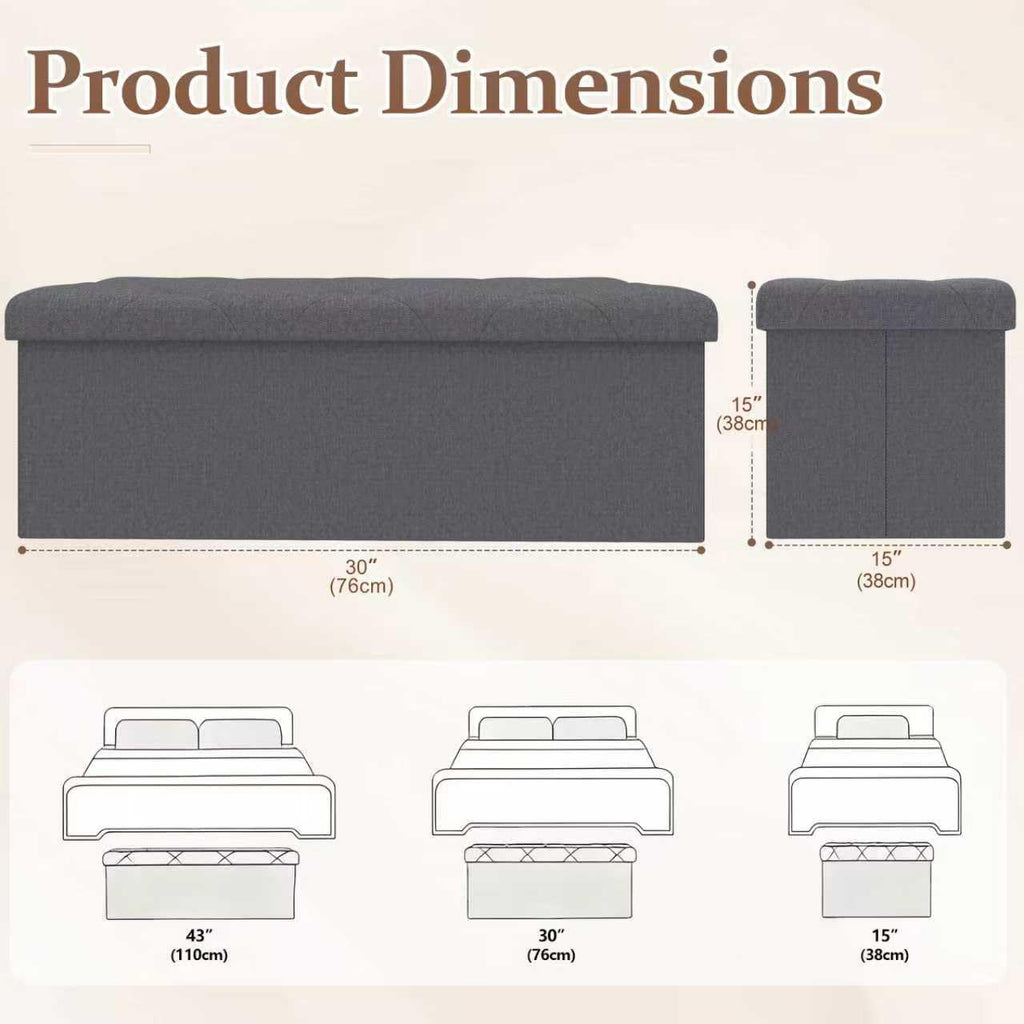 30 inch Storage Ottoman Bench, 30 inch Folding Storage Bench Ottoman, for Bedroom, Living Room, and Utility Room, Grey (30'' W)