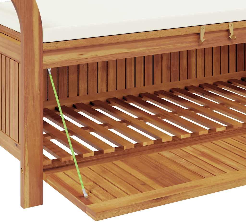 Patio Storage Bench with Cushion 49.6" Solid Acacia Wood Outdoor Garden Seat with Curved Arms for Porch Deck Yard Storage and Relaxation