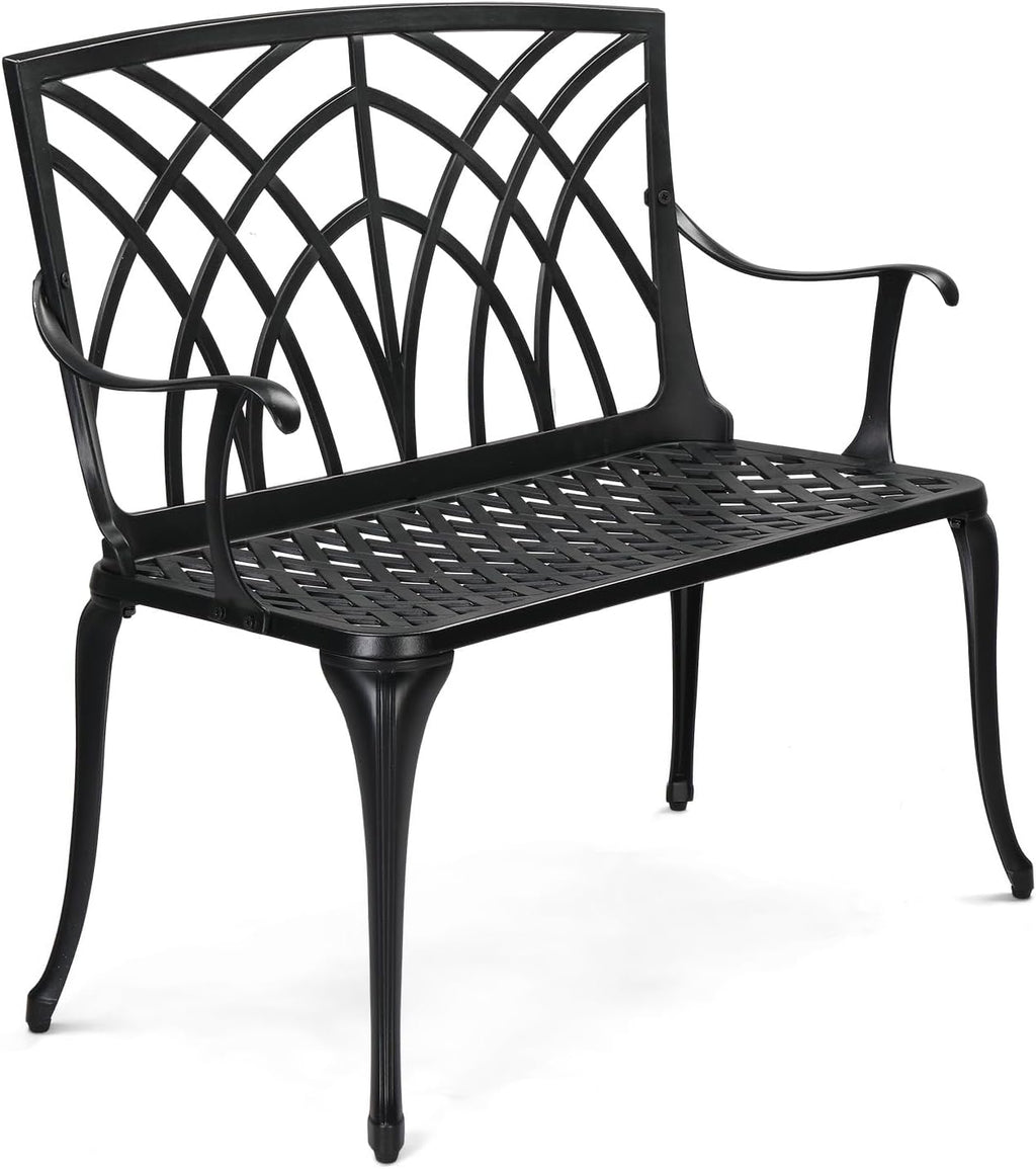 VINGLI 38" Outdoor Metal Bench, Cast Aluminium Garden Bench, Weatherproof Antique Finish Orchid Chair, 1-2 Person Seat Deck Furniture for Porch Entryway Patio (Black)