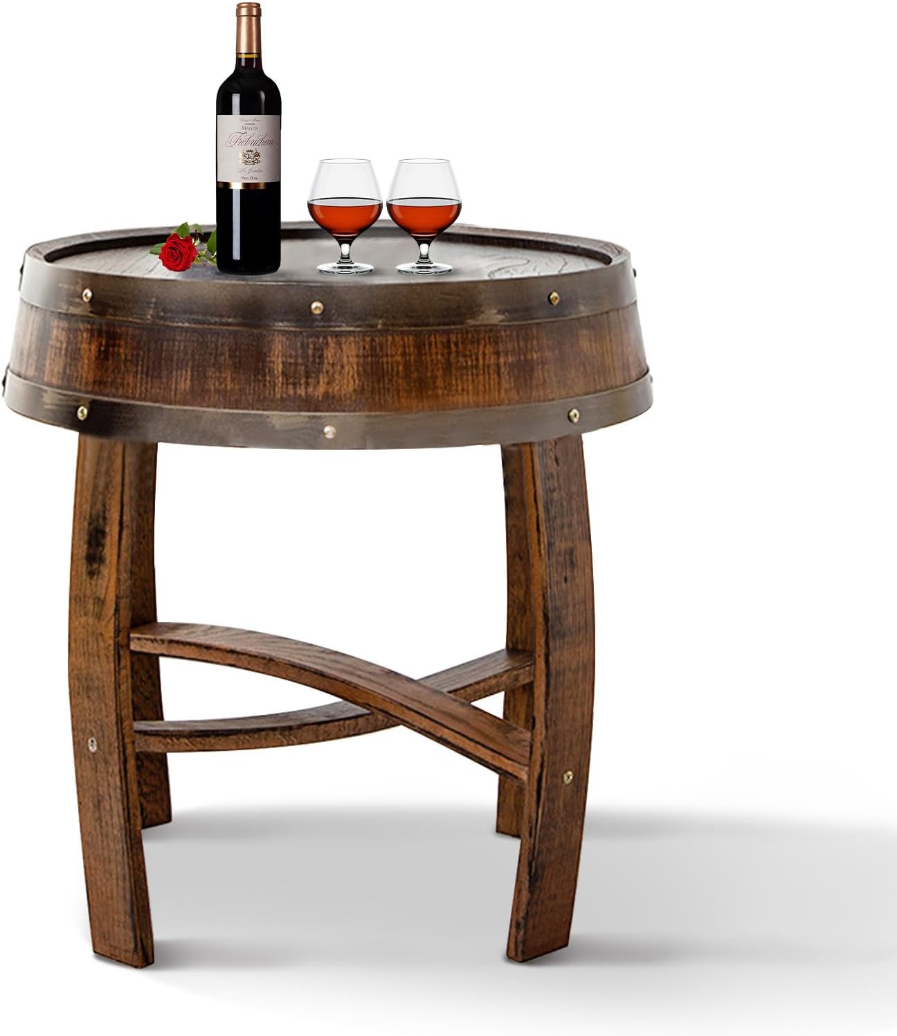 Handcrafted Rustic Whiskey Barrel End Table 23″ Round Solid Wood Accent Coffee & Side Table – Farmhouse Style Nightstand for Living Room Bedroom Patio,N