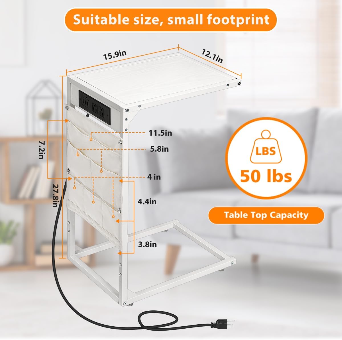 C Shaped End Table Set of 2, TV Tray with Charging Station, USB Ports and Outlets, Slide Under Couch, Storage Bag, for Small Spaces (White)