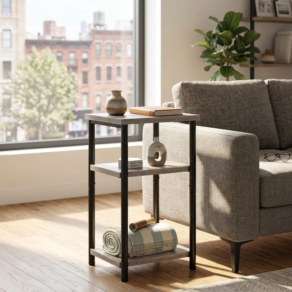 3 Tier End Table for Small Space, Modern Oak Grey Side Table with Metal Frame, Compact Nightstand for Living Room, Bedroom, and Office