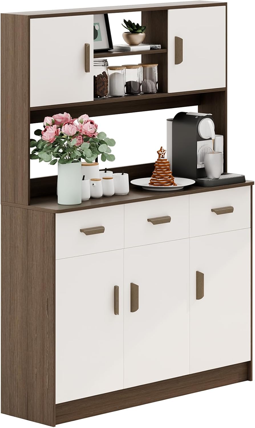 Talent Star Pantry Cabinets for Kitchen Storage, Freestanding Hutch Cabinet with Buffet Cupboard, Utility Pantry with Microwave Stand, Household Wall Tall Sideboard with 3 Drawers Grey
