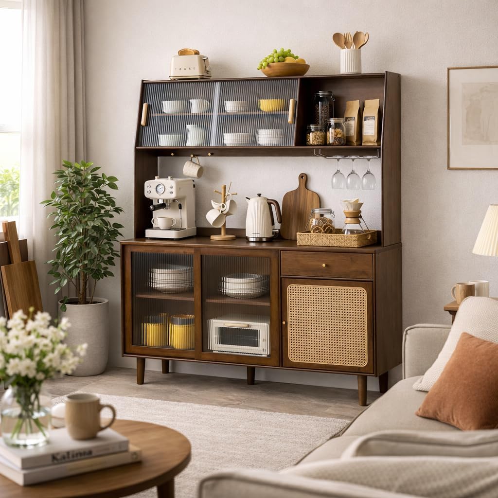 Welnown Kitchen Hutch Cabinet with Countertop, 69" Tall Pantry Storage Cabinet, Rattan Solid Wood Buffet Sideboard, Entryway Storage Table for Living Room, Dining Room, Walnut