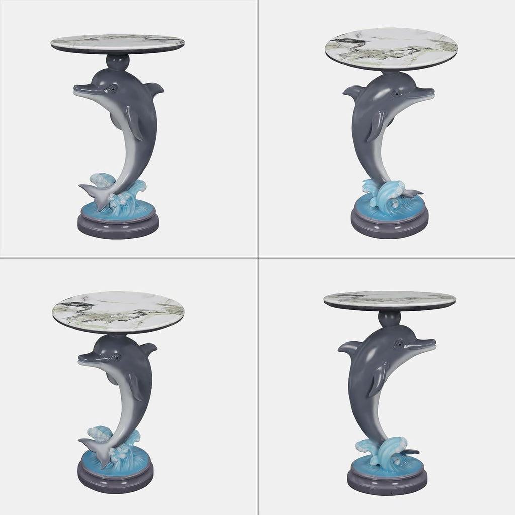 Artistic Dolphin Accent Table, Faux Marble Round Side Table, Playful Ocean Sculptural Pedestal End Table for Living Room Coastal Beach House Decor